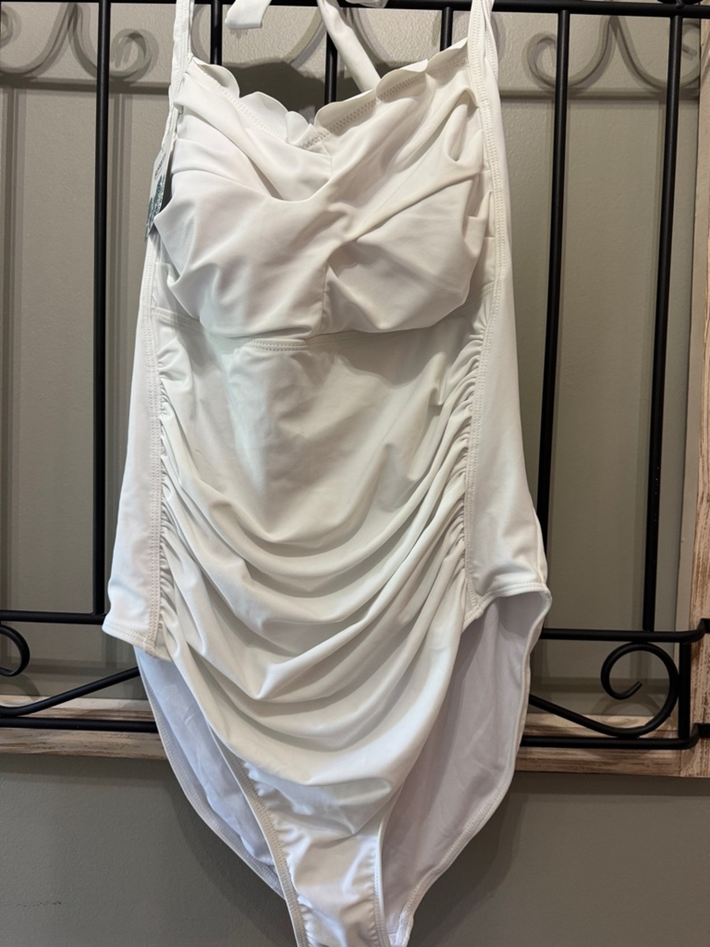 Women's White Ruched Backless swimsuit Large NWT summer swim